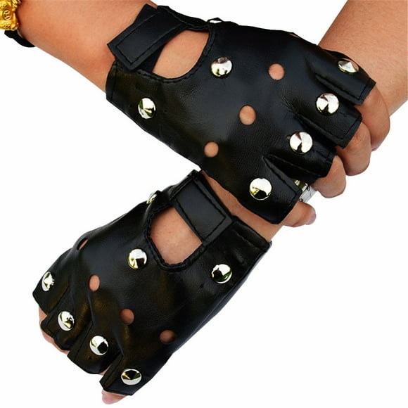 Leather Fingerless Short Gloves Black Rivets Stud Half Finger Mittens Fashion LE Leather Fingerless Short Gloves Black Rivets Stud Half Finger Mittens Fashion LE